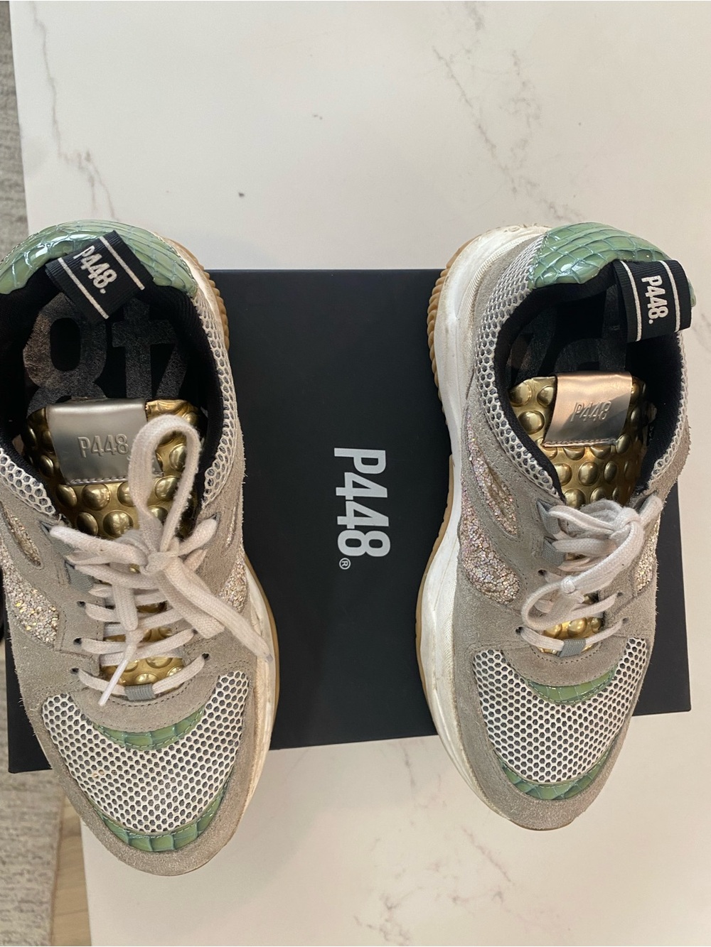 P448 Women's White, Green & bubble Gold luxury Italian Sneakers